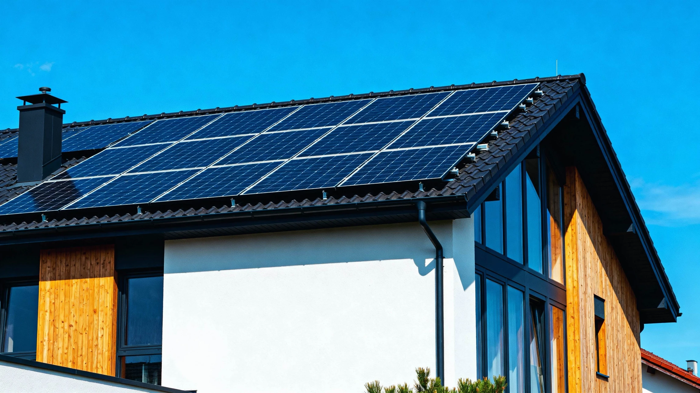 Quatre techniciens en tenue de travail et casques de sécurité installent des panneaux solaires photovoltaïques sur une toiture résidentielle par temps ensoleillé
